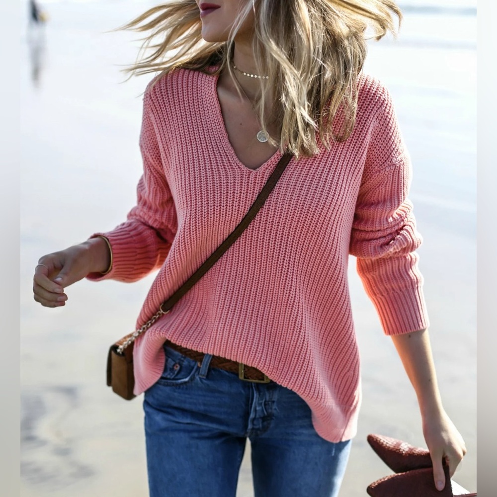 T Alexander Wang Deep V-Neck Knit Sweater Salmon Coral Small Cotton